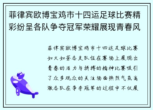 菲律宾欧博宝鸡市十四运足球比赛精彩纷呈各队争夺冠军荣耀展现青春风采