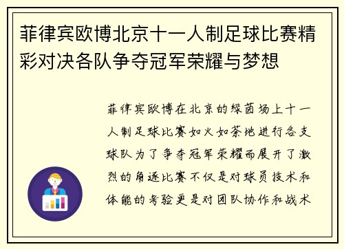 菲律宾欧博北京十一人制足球比赛精彩对决各队争夺冠军荣耀与梦想
