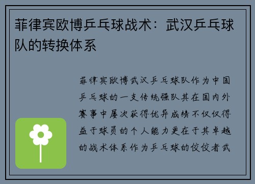 菲律宾欧博乒乓球战术：武汉乒乓球队的转换体系
