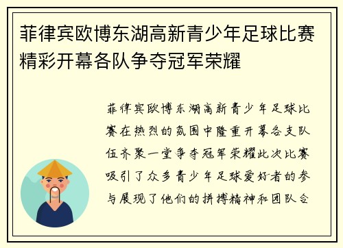 菲律宾欧博东湖高新青少年足球比赛精彩开幕各队争夺冠军荣耀
