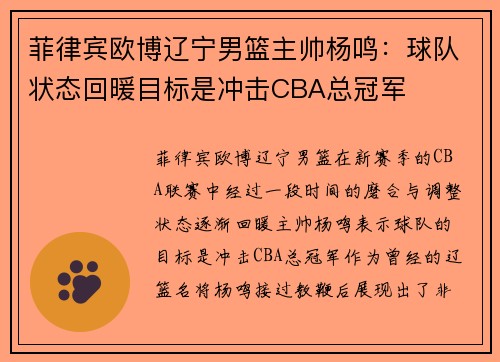 菲律宾欧博辽宁男篮主帅杨鸣：球队状态回暖目标是冲击CBA总冠军