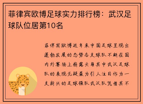 菲律宾欧博足球实力排行榜：武汉足球队位居第10名